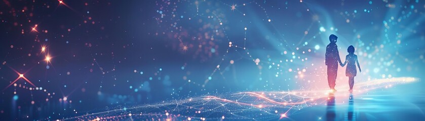 Siblings reuniting on a path of digital stars, side view, symbolizing a fantastical and hightech reunion, digital tone, Analogous Color Scheme