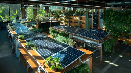 Fototapeta premium An officea??s eco-friendly workspace with solar-powered desks, recycled materials, and a system for rainwater harvesting