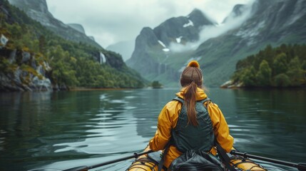 Rear view of a person kayaking towards a dramatic mountainous landscape in misty weather