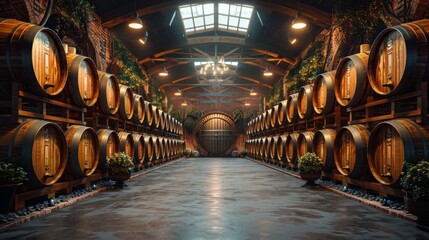 An expansive and classy wine storage area filled with numerous perfectly arranged wooden barrels under warm artificial lighting