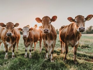 Medium shot of Cows in the pasture, wide angle, cinematic, golden hour, clear sky, close up, low camera position, bokeh, shallow depth of field