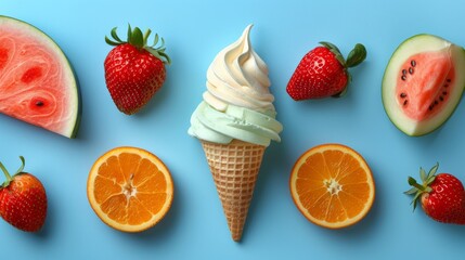 Flat lay of a minimalistic fruit arrangement with ice cream cone on blue background