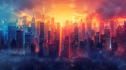 Trapezoid cityscape with buildings of different heights, bright and vibrant colors, hd quality, digital illustration, high contrast, geometric precision, modern design, artistic composition, dynamic