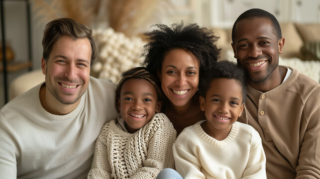 Interracial polyamorous family smiling in a cozy living room. 