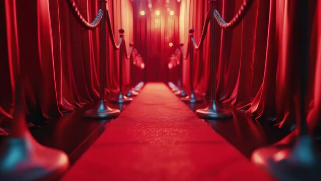 A luxurious hallway with a red carpet and a red curtain at the end, suitable for a theater or event entrance.