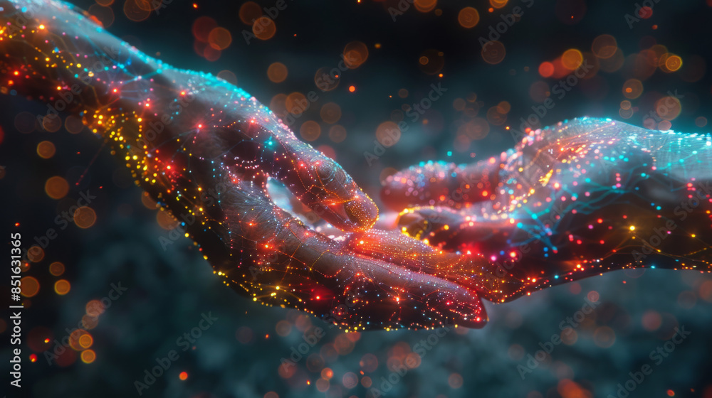 Poster abstract palm hands touching brain with network connections, innovative technology in science and co