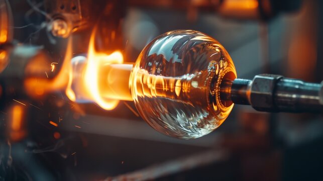 Close-up of glassblowing process showcasing glowing hot glass being shaped by a craftsman using heat and precision in a workshop.