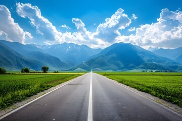 A wide road leads into the distance, with green fields on both sides and snow-capped mountains in the background. The blue sky is clear, and white clouds float across it