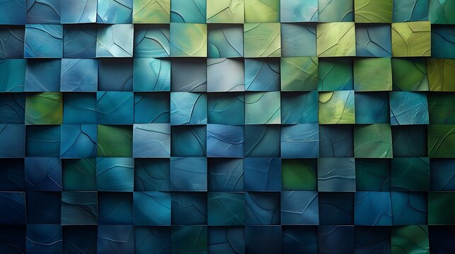 Textile-inspired design with woven parallelograms, shades of blue and green, hd quality, digital rendering, high contrast, geometric precision, modern design, artistic composition, elegant