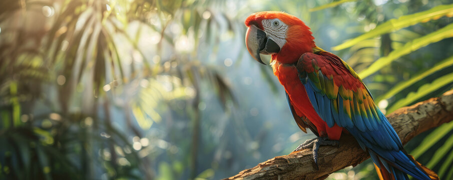 A colorful parrot perched on a branch, its feathers shimmering in the sunlight, its voice mimicking human sounds.
