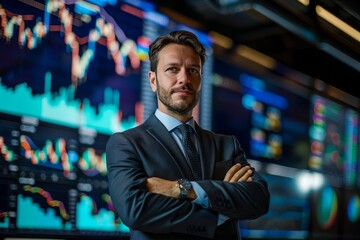 A man in a suit stands in front of a wall of stock market graphs