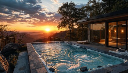 a hot tub sitting on top of a stone patio