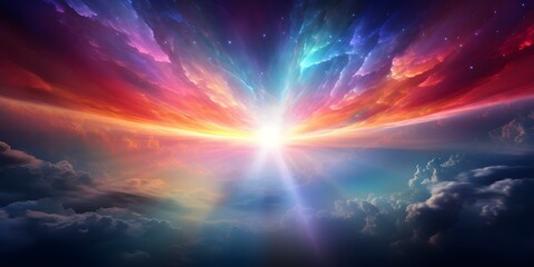 Vibrant starburst over colorful cosmic clouds digital artwork background with spiritual theme. Concept Cosmic Art, Digital Design, Starburst, Spiritual Theme, Colorful Clouds