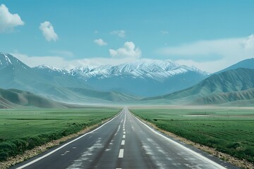 A wide road leads into the distance, with green fields on both sides and snow-capped mountains in the background. The blue sky is clear, and white clouds float across it