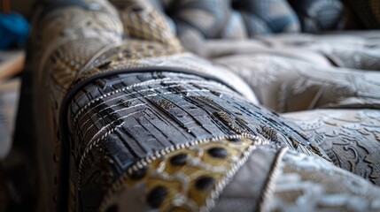 Close-up of intricate upholstery on a luxurious sofa, showcasing detailed fabric patterns and elegant textures in a modern living room setting.