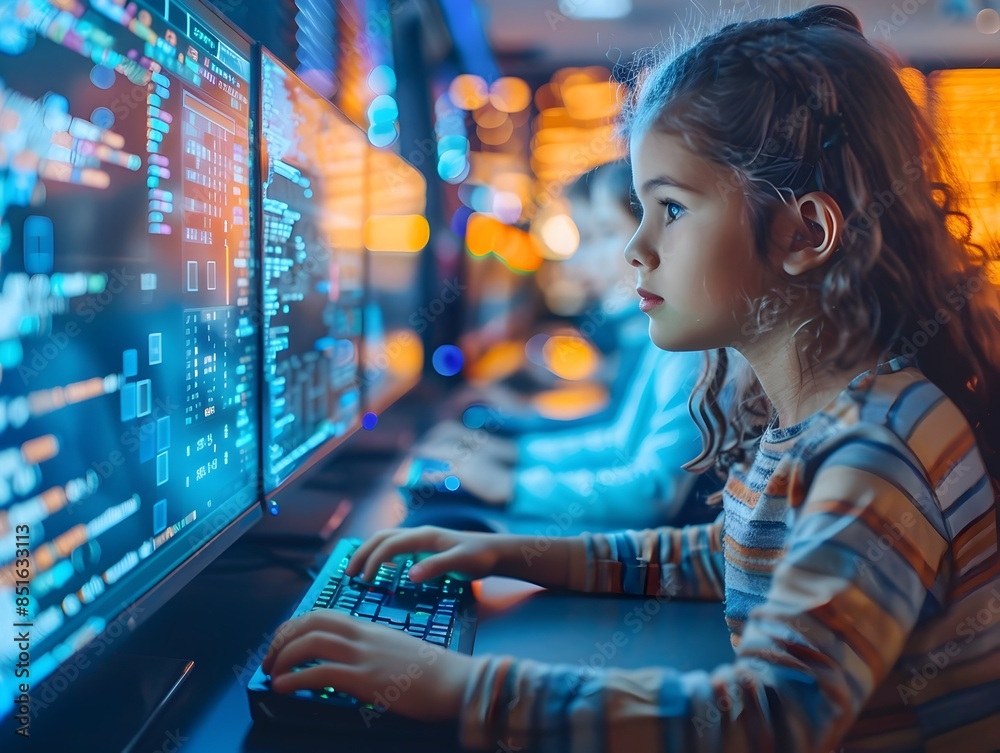 Poster young student concentrating on computer programming in classroom