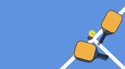 Yellow pickleball paddles and whiffle ball on blue court top view vector illustration background