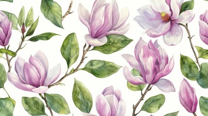 Elegant magnolia blooms and leaves seamless pattern design