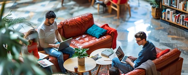 University Students Studying Together in Common Area with Laptops and Textbooks