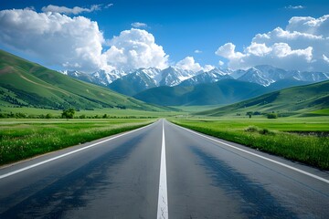 Naklejka premium A wide road leads into the distance, with green fields on both sides and snow-capped mountains in the background. The blue sky is clear, and white clouds float across it