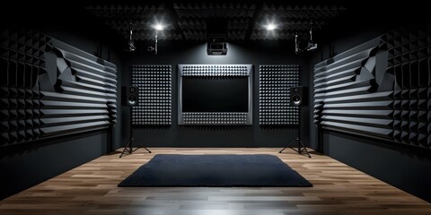 Modern music studio with soundproof walls bright lights and comfortable equipment. Concept Music Production, Soundproof Walls, Bright Lights, Comfortable Equipment, Modern Studio