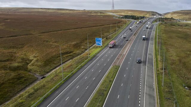 Aerial view of M62 Motorway, Saddleworth, UK