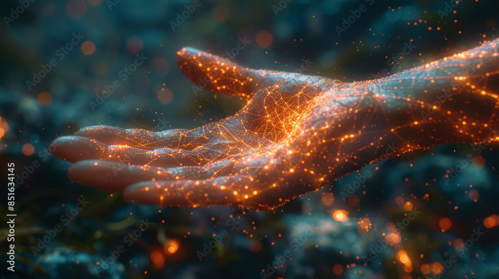 Poster abstract palm hands touching brain with network connections, innovative technology in science and co