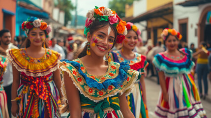 Fototapeta premium Girls in vibrant traditional costumes parading down a street, colorful banners and onlookers, top third copy space