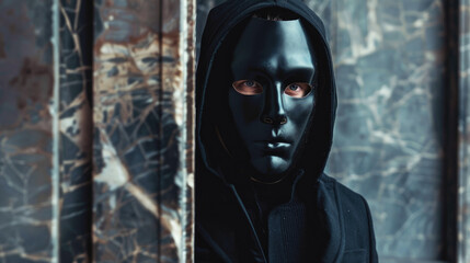 A mysterious man, a stranger hiding his face behind a black mask. Incognito, mystery.