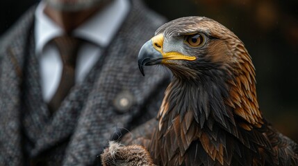 Fototapeta premium A detailed profile image of a majestic golden eagle with a blurred falconer standing behind it
