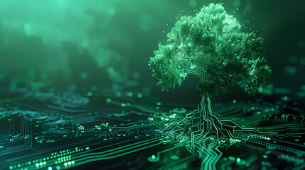 Green technology concept of digital environment in futuristic polygonal style. Glowing neon tree on the background of circuit board.