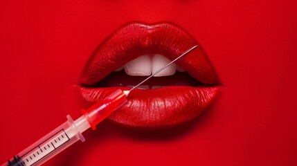Beauty and lips augmentation concept close up of female lips and syringe over red background