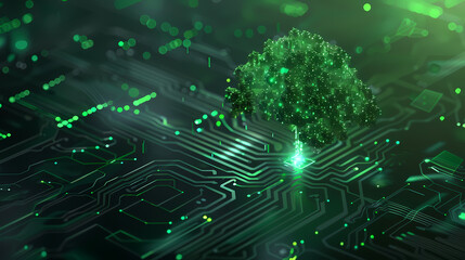 Obraz premium Green technology concept of digital environment in futuristic polygonal style. Glowing neon tree on the background of circuit board.