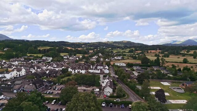 Drone, aerial footage of the historic village of Hawkshead a ancient town in the Lake District, Cumbria.