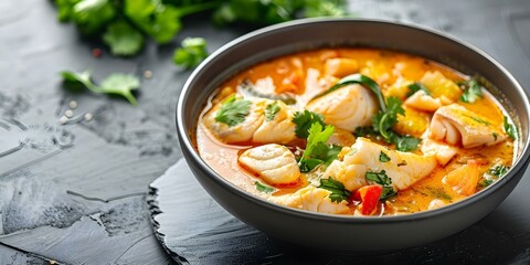 Brazilian White Fish Stew with Sweet Peppers, Coconut Milk, and Coriander. Concept Brazilian cuisine, Fish stew, Sweet peppers, Coconut milk, Coriander