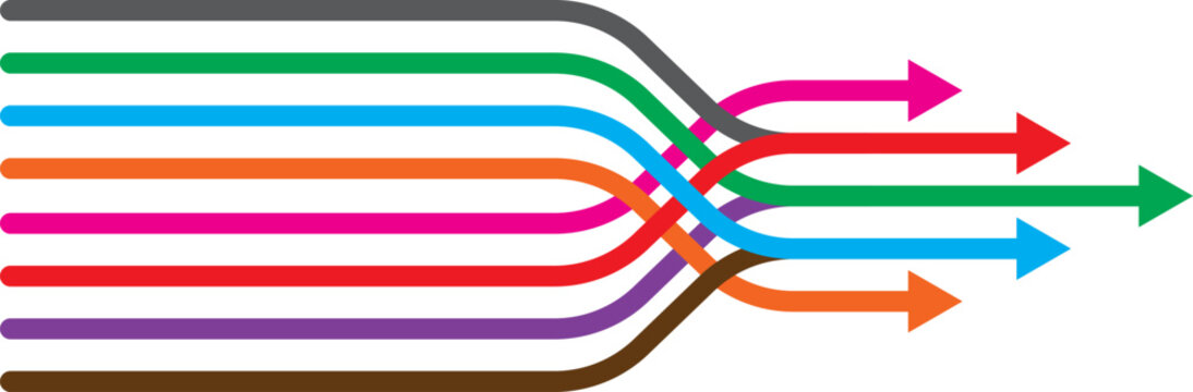 multiple lines come together and cross over their paths and make movement to bright future 