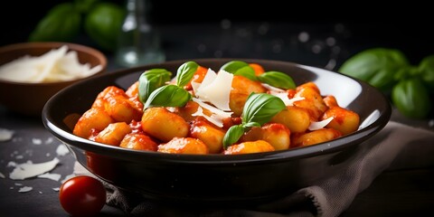 Delicious Gnocchi alla Sorrentina with Tomato Sauce, Mozzarella, and Basil A Mouthwatering Photo. Concept food photography, Italian cuisine, comfort food, gourmet cooking, appetizing presentation