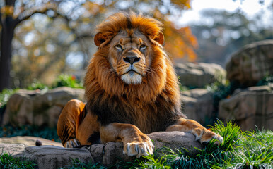 Naklejka premium Lion Resting On Rock In Zoo. A majestic lion rests on a rock in a zoo enclosure.