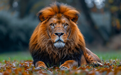 Fototapeta premium Lion Resting in Autumn Leaves. A majestic lion rests on a rock in a zoo enclosure.