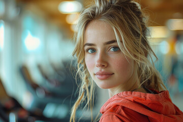 Fototapeta premium Woman With Blonde Hair in Gym. A woman with blonde hair and blue eyes looks intensely at the camera