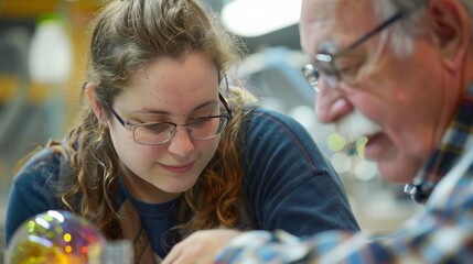Focused scene of an elderly man mentoring a young woman in a workshop setting, fostering intergenerational learning and skill-sharing.