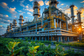 Fototapeta premium Industrial Complex at Sunset. A close-up view of an industrial plant with numerous large pipes and towers.