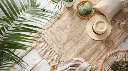Bohemian rugs, potted palms, and bamboo
