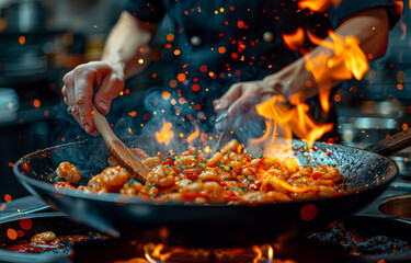 Chef Stir-Frying Shrimp in Flambéed Wok
