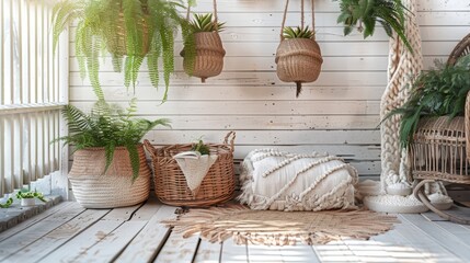 Fototapeta premium Wicker baskets, rattan chairs, and hanging ferns on a porch