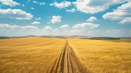 Fototapeta premium Harvester machine working in field . Combine harvester agriculture machine harvesting golden ripe wheat field. Agriculture. Aerial view. From above.