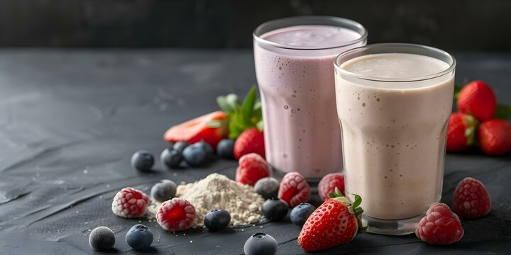 Craft protein shakes with protein powder fresh fruits for postworkout fuel. Concept Protein Shakes, Protein Powder, Fresh Fruits, Post-Workout Fuel, Healthy Nutrition