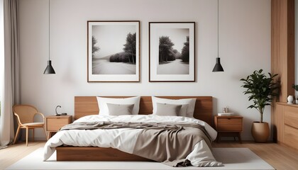 Frame mockup in modern bedroom with empty poster frame 
