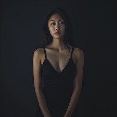 Naklejka premium Full-length image of a young Asian woman in a minimalist black dress, her skin looking flawless in soft studio lighting. 