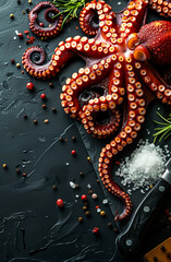 Obraz premium Raw Octopus With Salt and Peppercorns. A raw octopus tentacle with salt and peppercorns on a dark background.